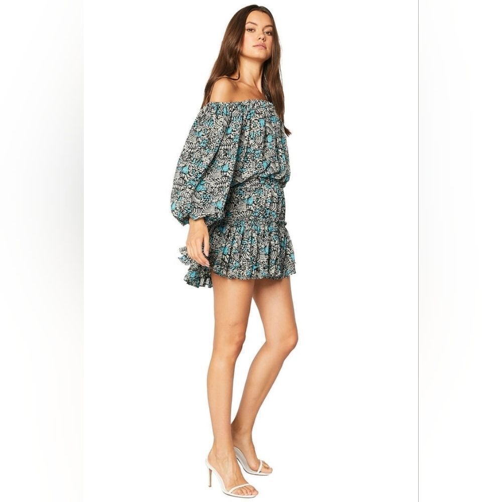 Misa Los Angeles Blue Black Zonia Print Long Sleeve Off The‎ Shoulder Dre…
